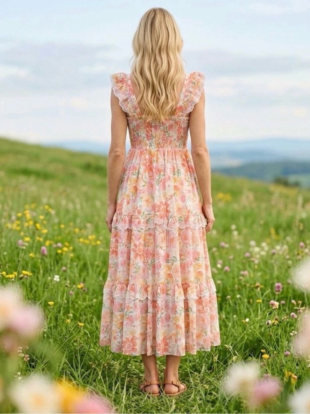 Haute Hippie Dress Sz 12 Pink White Floral Tiered Ruffle Smocked Midi Boho Beach - Picture 2 of 8